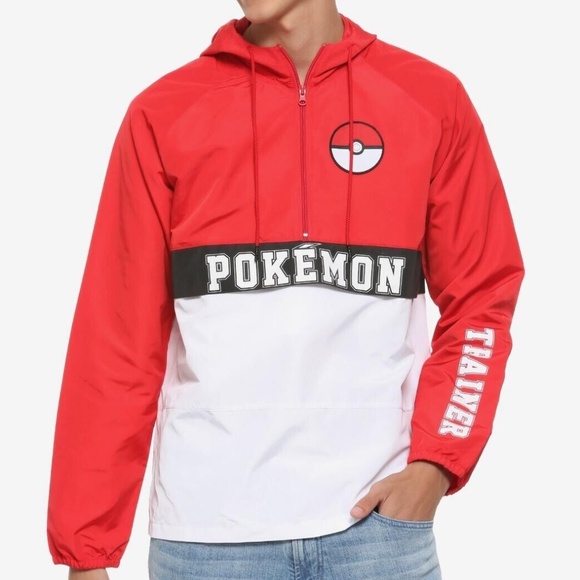 NEW Pokemon Trainer Half-Zip Hooded Anorak Windbreaker Jacket Red White Size SM - Picture 1 of 8